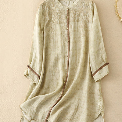 Buddha Stones Summer Casual Embroidered Stand Collar Design Three Quarter Sleeve Midi Dress - image 13
