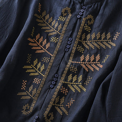 Buddha Stones Casual Artistic Embroidery Leaves Pattern Women's Three Quarter Sleeve Shirt - image 12