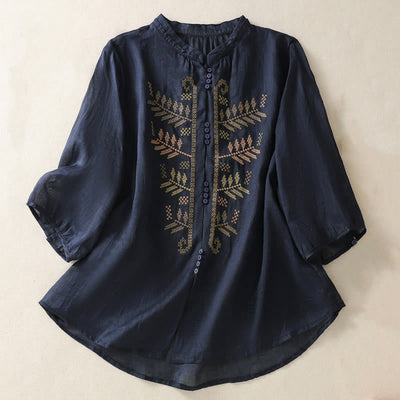Buddha Stones Casual Artistic Embroidery Leaves Pattern Women's Three Quarter Sleeve Shirt - MidnightBlue - US8-10，UK/AU12-14，EU40-42 (2XL) - image 8