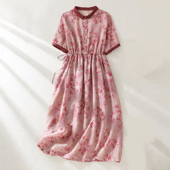 Buddha Stones Printing Buttons Drawstring High Waist Short Sleeve Midi Dress With Pockets - Salmon - US8-10，UK/AU12-14，EU40-42 (2XL) - image 0