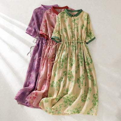 Buddha Stones Printing Buttons Drawstring High Waist Short Sleeve Midi Dress With Pockets - image 28