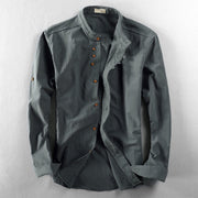 Foviel Slim Fit Design Stand Collar Crew Neck Cotton Linen Men's Long Sleeve Shirt