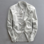 Foviel Slim Fit Design Stand Collar Crew Neck Cotton Linen Men's Long Sleeve Shirt