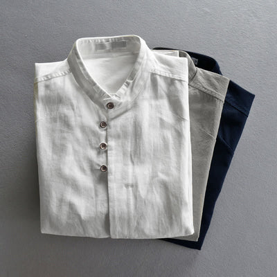 Buddha Stones Men's Slim Fit Design Stand Collar Crew Neck Long Sleeve Cotton Linen Shirt - image 14