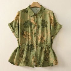 Buddha Stones Summer Boho Button-Up Floral Women's Short Sleeve Shirts - YellowGreen - US8-10, UK/AU12-14, EU40-42 (2XL) - image 0