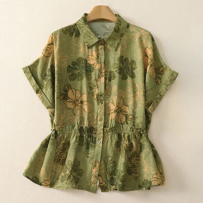 Buddha Stones Summer Boho Button-Up Floral Women's Short Sleeve Shirts - YellowGreen - US8-10, UK/AU12-14, EU40-42 (2XL) - image 0