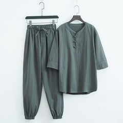 Buddha Stones Solid Color Traditional Short Sleeve T-shirt Pants Clothing Men's Set - Green(Top&Pants) - US/UK/AU44，EU54 (4XL) - image 0