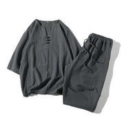 Foviel 2Pcs Plain Notched Collar T-Shirt Wide Leg Shorts With Pockets Men's Meditation Cloth Set