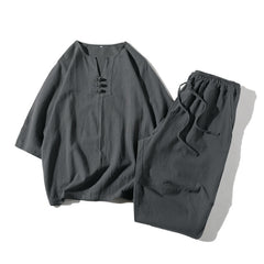 Buddha Stones 2Pcs Plain Notched Collar T-Shirt Wide Leg Shorts With Pockets Men's Meditation Cloth Set - SlateGray - US/UK/AU46，EU56 (5XL) - image 0