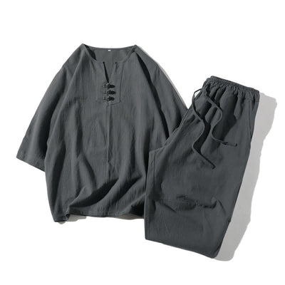 Buddha Stones 2Pcs Plain Notched Collar T-Shirt Wide Leg Shorts With Pockets Men's Meditation Cloth Set - SlateGray - US/UK/AU46，EU56 (5XL) - image 0