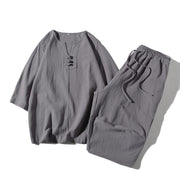Foviel 2Pcs Plain Notched Collar T-Shirt Wide Leg Shorts With Pockets Men's Meditation Cloth Set