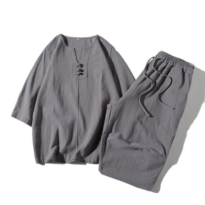 Buddha Stones 2Pcs Plain Notched Collar T-Shirt Wide Leg Shorts With Pockets Men's Meditation Cloth Set - Silver - US/UK/AU46，EU56 (5XL) - image 20