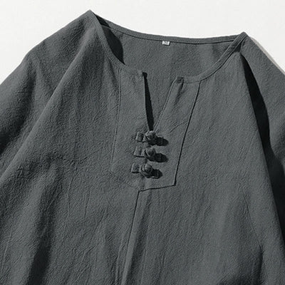 Buddha Stones 2Pcs Plain Notched Collar T-Shirt Wide Leg Shorts With Pockets Men's Meditation Cloth Set - image 4