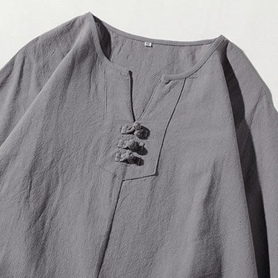 Buddha Stones 2Pcs Plain Notched Collar T-Shirt Wide Leg Shorts With Pockets Men's Meditation Cloth Set - image 22