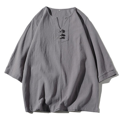 Buddha Stones 2Pcs Plain Notched Collar T-Shirt Wide Leg Shorts With Pockets Men's Meditation Cloth Set - image 21