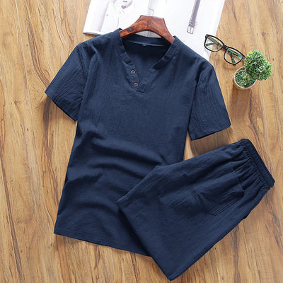 Buddha Stones Casual 2Pcs Plain Sleeve T-Shirt Shorts With Pockets Men's Meditation Cloth Set - MidnightBlue - US/UK/AU46，EU56 (5XL) - image 7