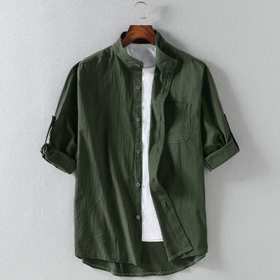 Buddha Stones Vintage Casual Plain Single Breasted Three Quarter Sleeve Men's  Shirt With Pocket - DarkGreen - US/UK/AU46，EU56 (5XL) - image 0
