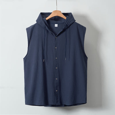 Buddha Stones Summer Casual Minimalist Button-Up Drawstring Solid Tank Top Men's Sleeveless Shirts - image 24