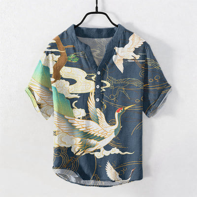 Buddha Stones Cotton Crane Auspicious Clouds Pine Pattern Men's Short Sleeve Half Button Shirt - SteelBlue - US/UK/AU50，EU60 (5XL) - image 4