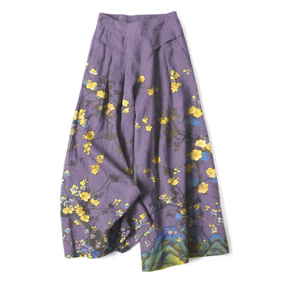 Buddha Stones Cotton Linen Vintage Yellow Floral Pattern Women's Elastic Waist Wide Leg Pants With Pockets - MediumPurple - US16，UK/AU20，EU48 (3XL) - image 6