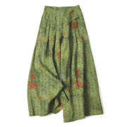 Foviel Cotton Linen Vintage Script Pattern Women's Elastic Waist Wide Leg Pants With Pockets
