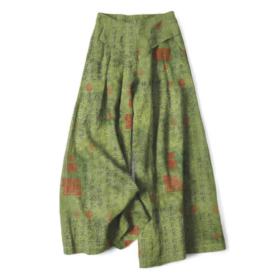 Buddha Stones Cotton Linen Vintage Script Pattern Women's Elastic Waist Wide Leg Pants With Pockets - OliveDrab - US16，UK/AU20，EU48 (3XL) - image 0