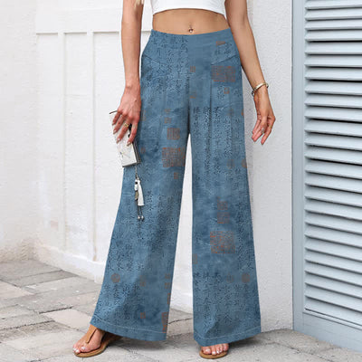 Buddha Stones Cotton Linen Vintage Script Pattern Women's Elastic Waist Wide Leg Pants With Pockets - image 7