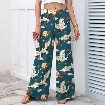 Buddha Stones Cotton Linen Crane Blossom Pattern Women's Elastic Waist Wide Leg Pants With Pockets - image 1