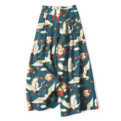Buddha Stones Cotton Linen Crane Blossom Pattern Women's Elastic Waist Wide Leg Pants With Pockets - Teal - US16，UK/AU20，EU48 (3XL) - image 0