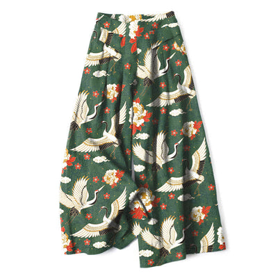 Buddha Stones Cotton Linen Crane Blossom Pattern Women's Elastic Waist Wide Leg Pants With Pockets - DarkOliveGreen - US16，UK/AU20，EU48 (3XL) - image 4