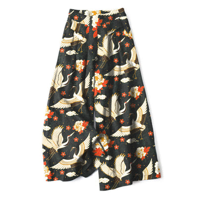 Buddha Stones Cotton Linen Crane Blossom Pattern Women's Elastic Waist Wide Leg Pants With Pockets - Black - US16，UK/AU20，EU48 (3XL) - image 6