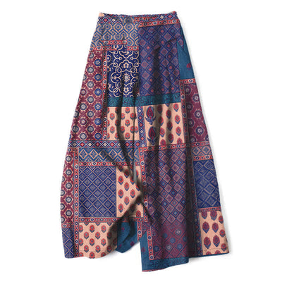 Buddha Stones Cotton Linen Vintage Floral Pattern Women's Elastic Waist Wide Leg Pants With Pockets - DarkSlateBlue - US16，UK/AU20，EU48 (3XL) - image 4