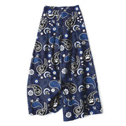 Foviel Baumwolle Leinen Vintage Paisley Blumenmuster Damen elastische Taille weites Bein Hose mit Taschen