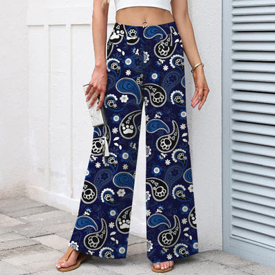 Buddha Stones Cotton Linen Vintage Paisley Floral Pattern Women's Elastic Waist Wide Leg Pants With Pockets - image 1