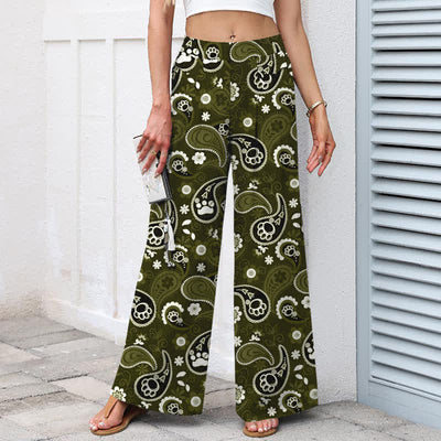 Buddha Stones Cotton Linen Vintage Paisley Floral Pattern Women's Elastic Waist Wide Leg Pants With Pockets - image 7