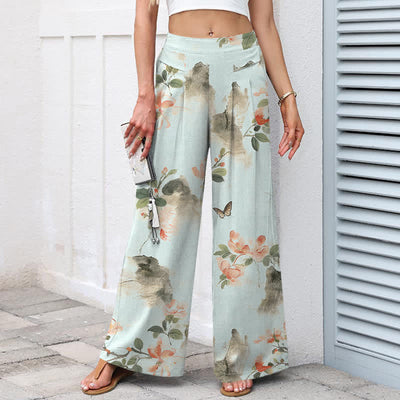 Buddha Stones Cotton Linen Vintage Floral Pattern Women's Elastic Waist Wide Leg Pants With Pockets - image 5