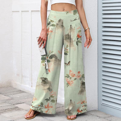 Buddha Stones Cotton Linen Vintage Floral Pattern Women's Elastic Waist Wide Leg Pants With Pockets - image 7
