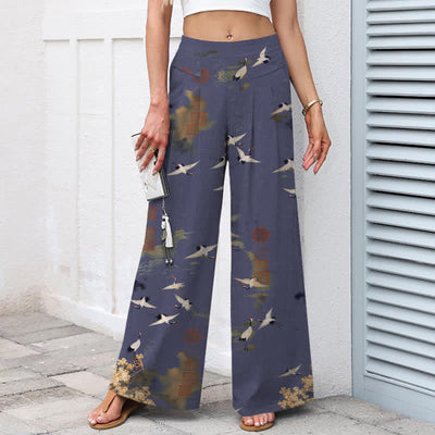 Buddha Stones Cotton Linen White Crane Floral Pattern Women's Elastic Waist Wide Leg Pants With Pockets - image 5