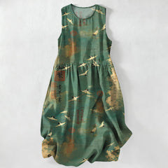 Buddha Stones Summer Casual Oriental Flying Crane Calligraphy Pattern Women's Summer Sleeveless Midi Dress With Pockets - SeaGreen - US16，UK/AU20，EU48 (3XL) - image 0