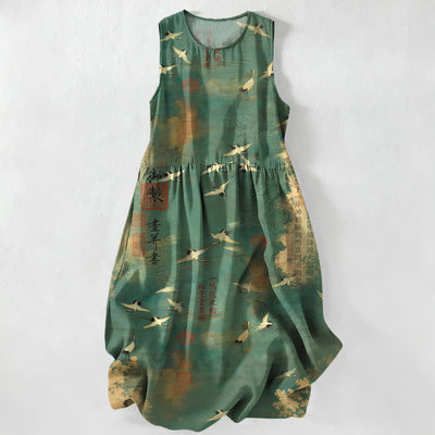 Buddha Stones Summer Casual Oriental Flying Crane Calligraphy Pattern Women's Summer Sleeveless Midi Dress With Pockets - SeaGreen - US16，UK/AU20，EU48 (3XL) - image 0