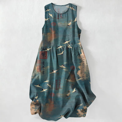 Buddha Stones Summer Casual Oriental Flying Crane Calligraphy Pattern Women's Summer Sleeveless Midi Dress With Pockets - CadetBlue - US16，UK/AU20，EU48 (3XL) - image 5