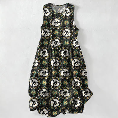 Buddha Stones Summer Casual Vintage Floral Medallions Leaves Pattern Women's Summer Sleeveless Midi Dress With Pockets - Black - US16，UK/AU20，EU48 (3XL) - image 0