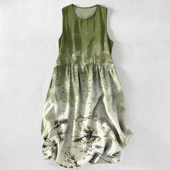 Buddha Stones Summer Casual Ink Bamboo Landscape Pattern Women's Summer Sleeveless Midi Dress With Pockets - OliveDrab - US16，UK/AU20，EU48 (3XL) - image 0