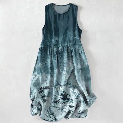 Buddha Stones Summer Casual Ink Bamboo Landscape Pattern Women's Summer Sleeveless Midi Dress With Pockets - Teal - US16，UK/AU20，EU48 (3XL) - image 5