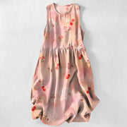 Foviel Sommer Casual Sweet Cherry Blumenmuster Damen Sommer Ärmellos Midi-Kleid mit Taschen