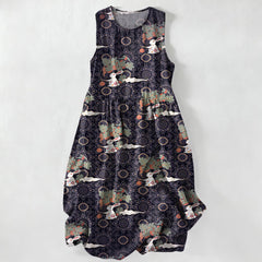 Buddha Stones Summer Casual Vintage Floral Medallions Leaves Pattern Women's Summer Sleeveless Midi Dress With Pockets - Indigo - US16，UK/AU20，EU48 (3XL) - image 0