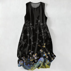 Buddha Stones Summer Casual Vintage Floral Branches Pattern Women's Summer Sleeveless Midi Dress With Pockets - Black - US16，UK/AU20，EU48 (3XL) - image 0