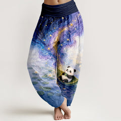 Buddha Stones Pure Cotton Starry Lotus Panda Pattern Women's Elastic Waist Harem Pants - Navy - US16，UK/AU20，EU48 (3XL) - image 0