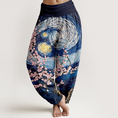 Buddha Stones Pure Cotton Starry Blossom Swirl Pattern Women's Elastic Waist Harem Pants - Navy - US16，UK/AU20，EU48 (3XL) - image 0