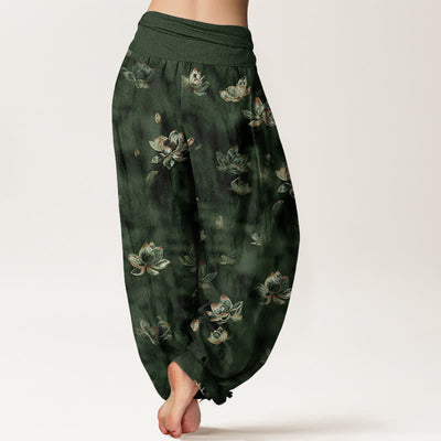 Buddha Stones Pure Cotton Vintage Lotus Floral Pattern Women's Elastic Waist Harem Pants - image 1